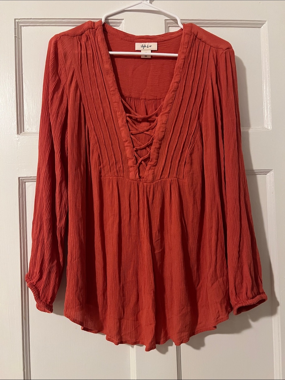 Style & Co. Rust Red Lace-Up Peasant Blouse
